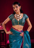 Moroccan Blue Woven Banarasi Satin Linen Silk Saree
