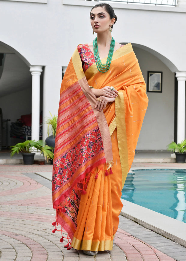 Orange Woven Silk Saree With Patola Pallu