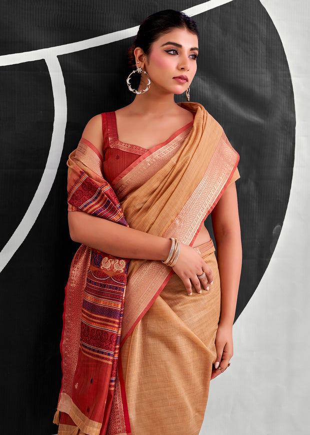 Orange Woven Linen Cotton Silk Saree