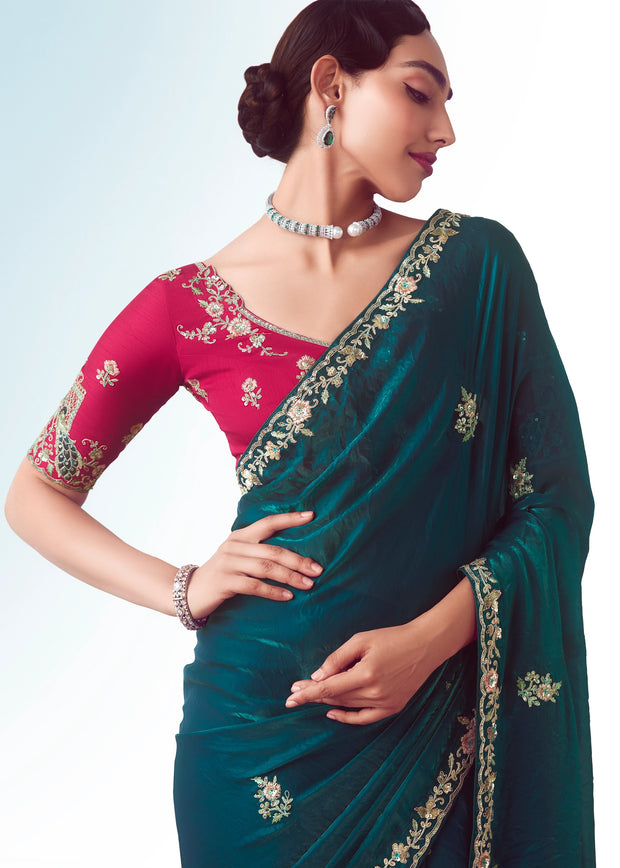 Peacock Blue Embroidered Designer Tissue Saree