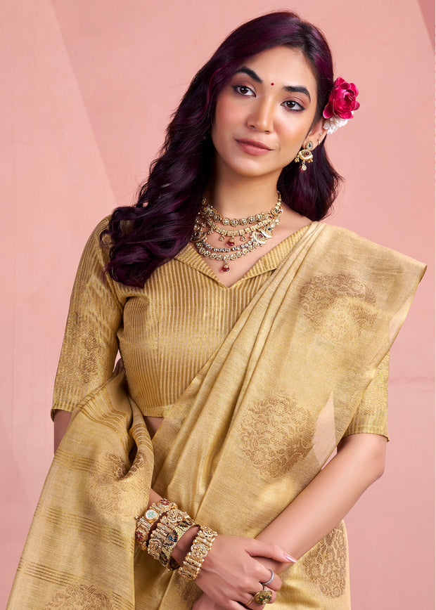 Cream Beige Woven Tissue Silk Saree