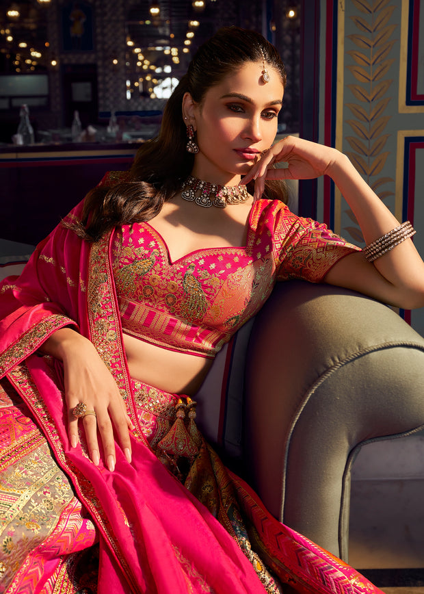 Beige And Pink Heavy Banarasi Designer Lehenga