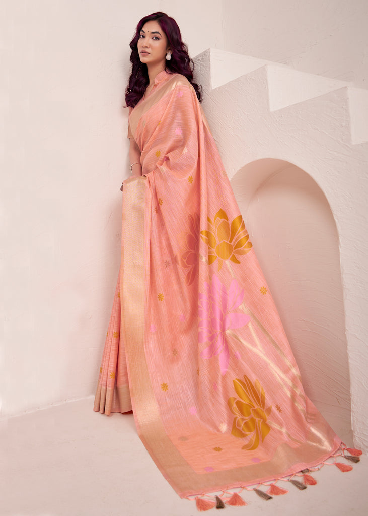 Peach Pink Woven Linen Silk Saree