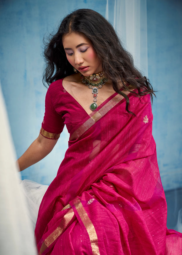 Magenta Pink Woven Cotton Silk Saree