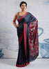 Jet Black Satin Silk Saree with Ajrakh Printed Pallu and Blouse