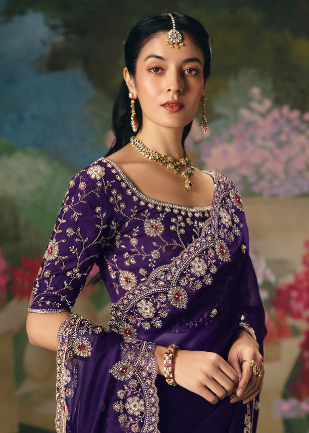 Rich Purple Embroidered Designer Saree
