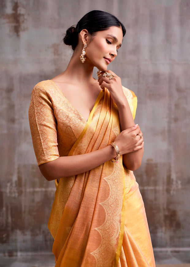 Peach Pink Woven Tissue Silk Saree