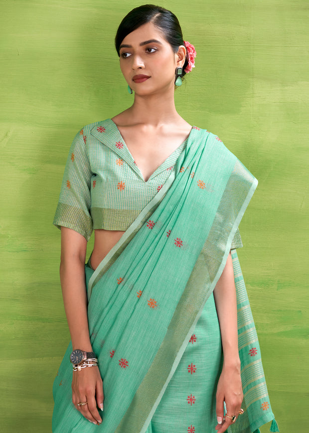 Sea Green Woven Linen Silk Saree