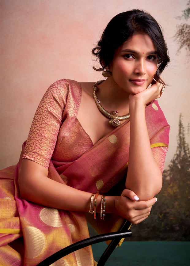Orange Peach Woven Tissue Silk Saree