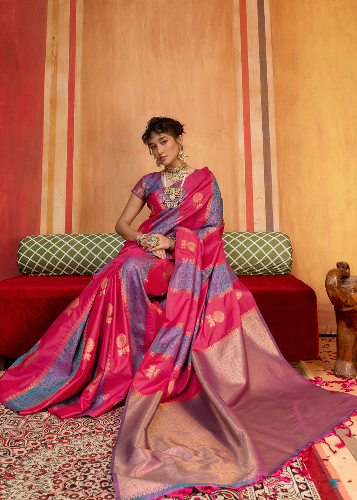 Pink Blue Woven Banarasi Silk Saree
