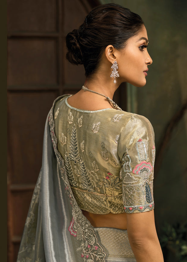 Rich Grey Designer Embroidered Silk Saree