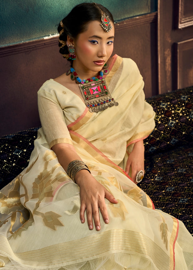 Cream Yellow Woven Cotton Silk Saree
