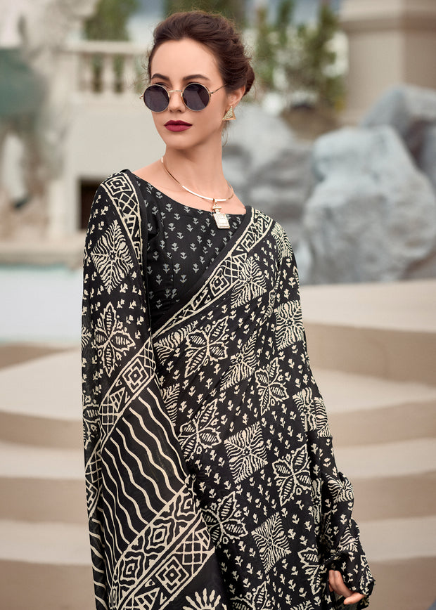 Black Printed Cotton Silk Saree