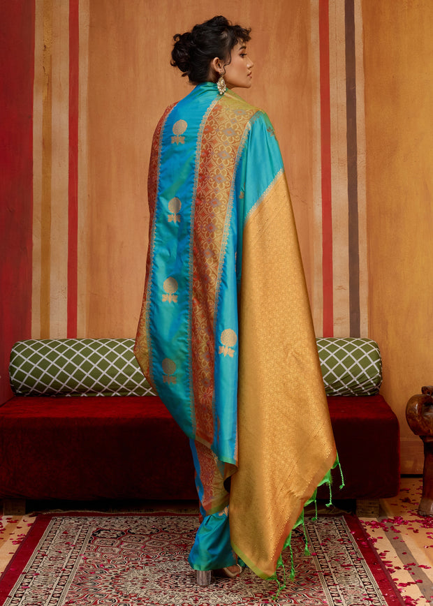 Blue Yellow Woven Banarasi Silk Saree