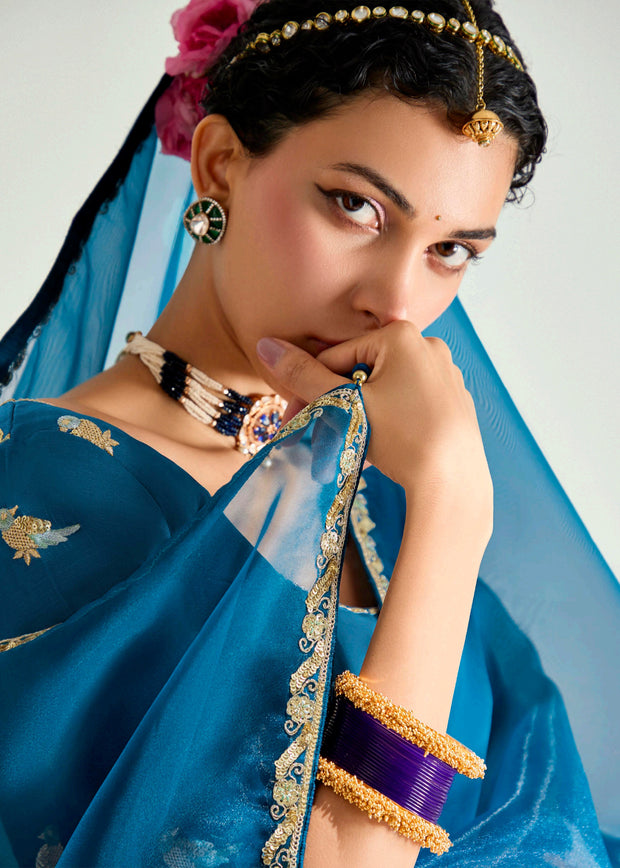 Coral Blue Ombre Designer Tissue Saree With Embroidered Blouse