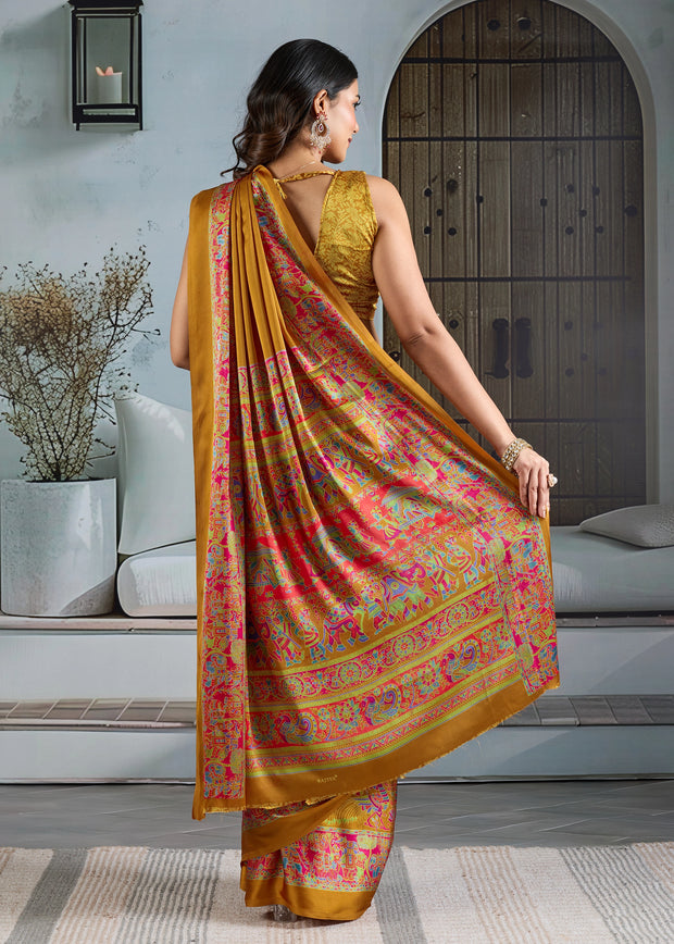 Golden Yellow Printed Satin Silk Saree