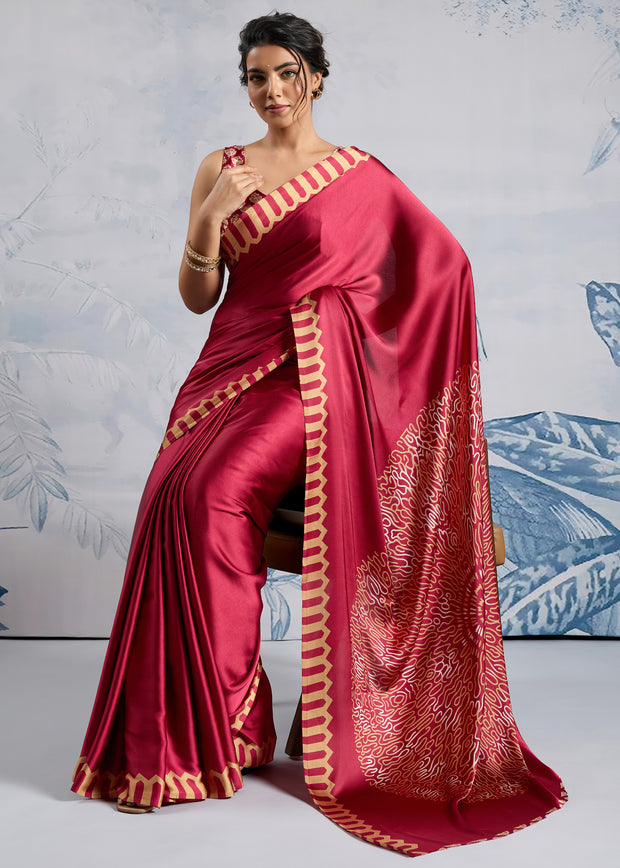 Persian Red Satin Silk Saree with Ajrakh Printed Pallu and Blouse
