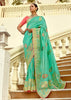 Aqua Green Woven Banarasi Designer Silk Saree With Contrast Blouse