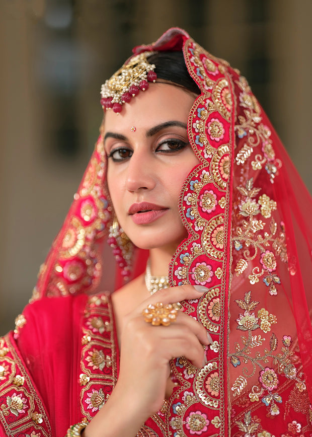 Royal Red Embroidered Silk Bridal Lehenga With Double Dupatta