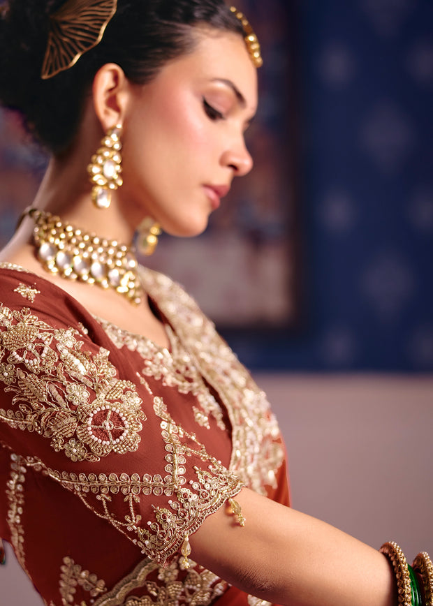 Rust Orange Embroidered Tissue Designer Saree