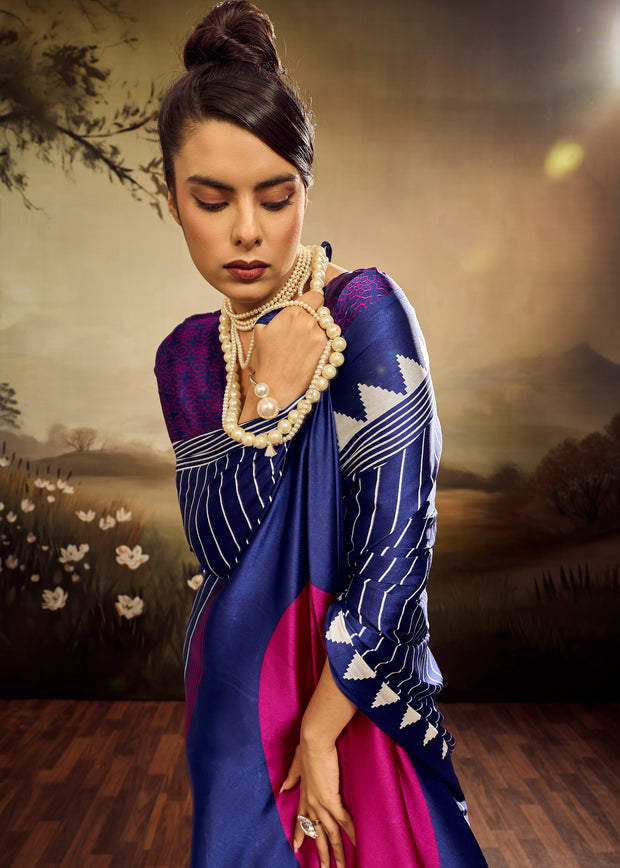Navy Blue Printed Satin Silk Saree