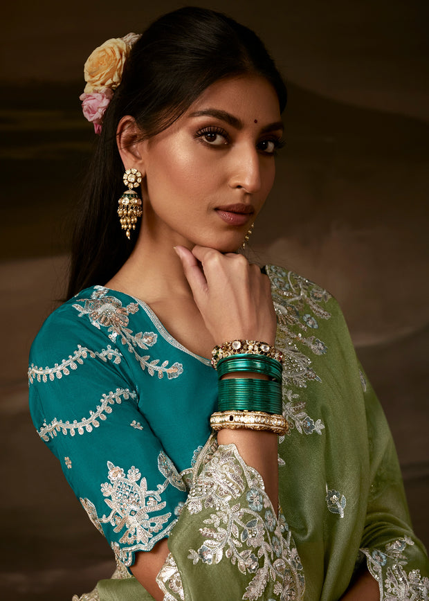 Sage Green Embroidered Designer Organza Saree