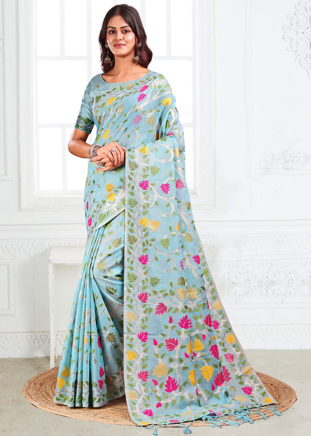 Aruba Blue Woven Linen Cotton Silk Saree
