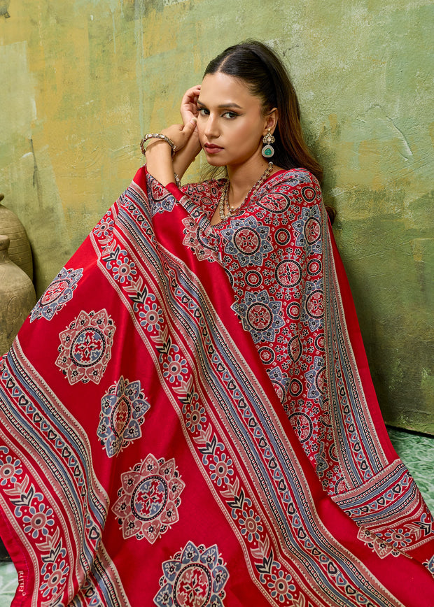 Red Printed Satin Silk Saree