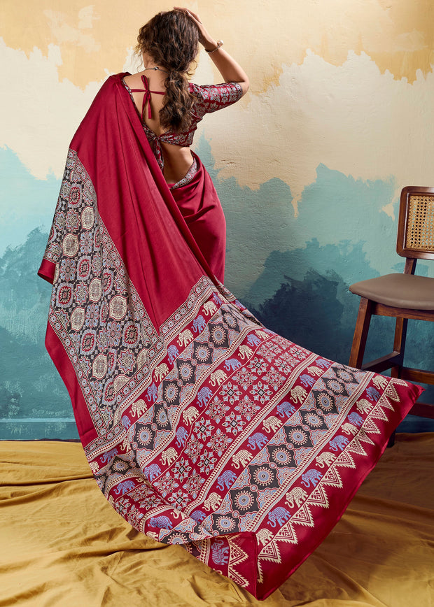 Maroon Printed Satin Silk Saree