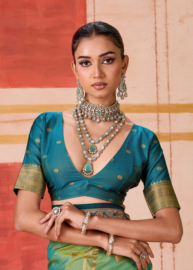 Mint Green Dual Tone Bronze Zari Woven Banarasi Silk Saree