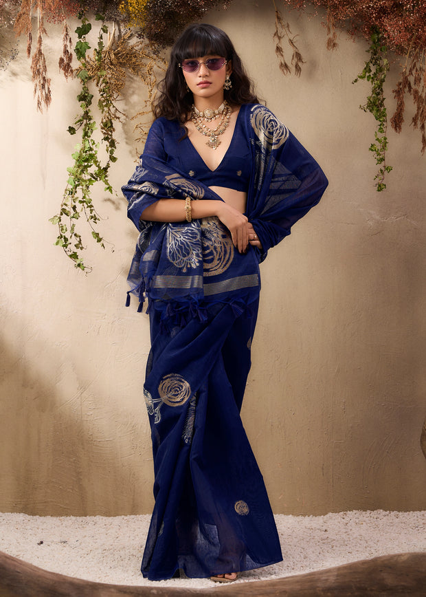 Deep Blue Woven Soft Silk Saree