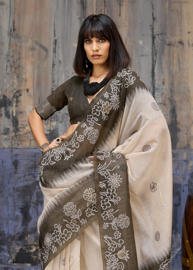 Olive Green Printed Cotton Silk Saree