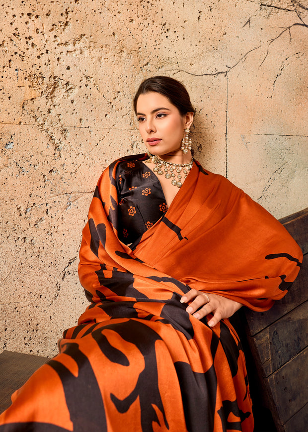 Apricot Orange Printed Satin Silk Saree