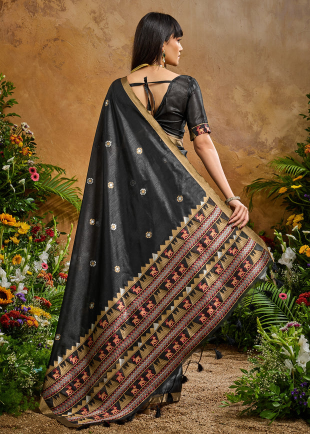 Midnight Black Woven Banarasi Silk Saree