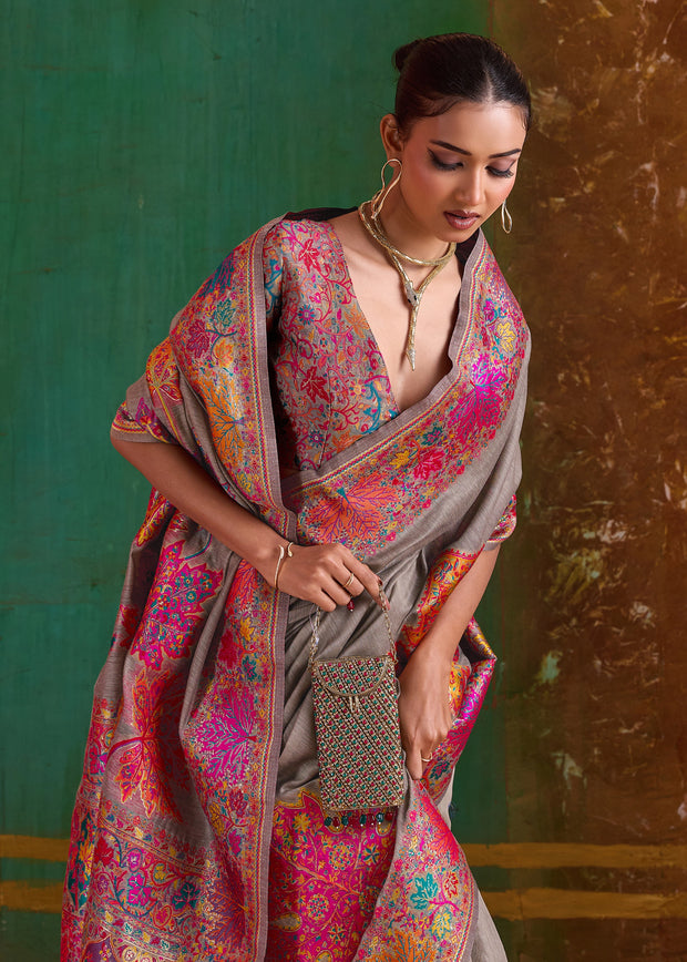 Taupe Grey Woven Cotton Kashmiri Jamewar Saree