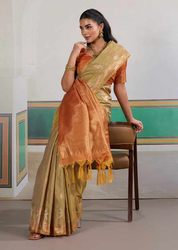 Khadi Beige Woven Tussar Silk Saree