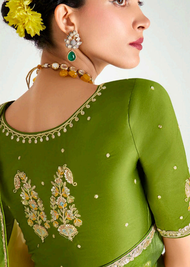 Mehandi Green Ombre Designer Tissue Saree With Embroidered Blouse