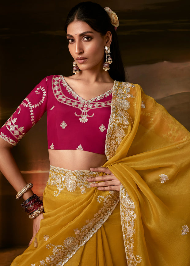 Haldi Yellow Embroidered Designer Organza Saree