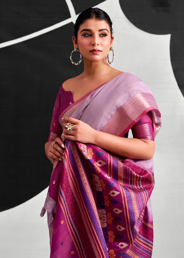 Lavender Purple Woven Linen Cotton Silk Saree