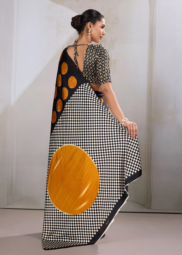 Orange Printed Satin Silk Saree