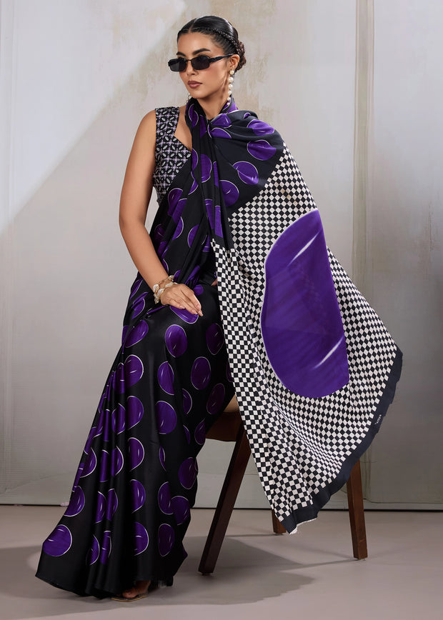 Purple Printed Satin Silk Saree