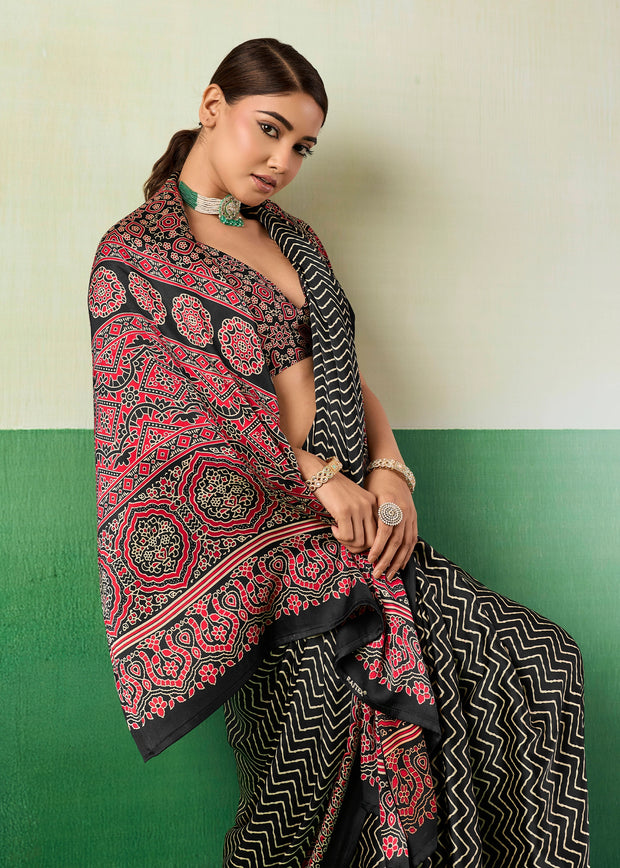 Phantom Black Printed Satin Silk Saree