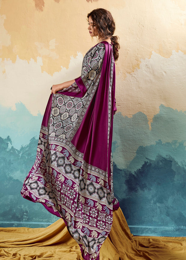 Wine Purple Printed Satin Silk Saree