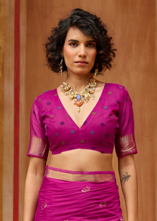 Rani Pink Woven Cotton Organza Saree