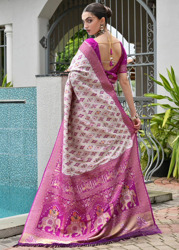 White & Magenta Woven Banarasi Patola Silk Saree