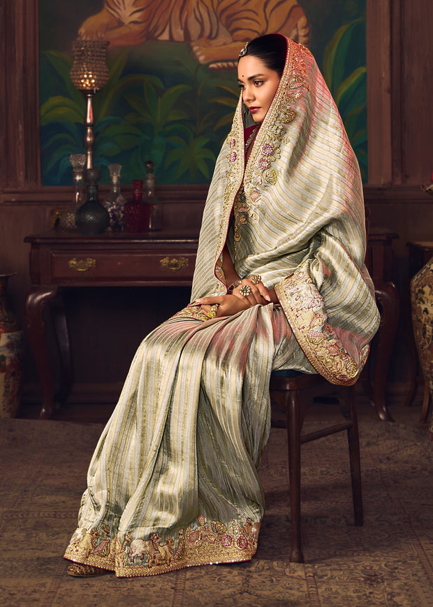 Mist Green Designer Embroidered Saree