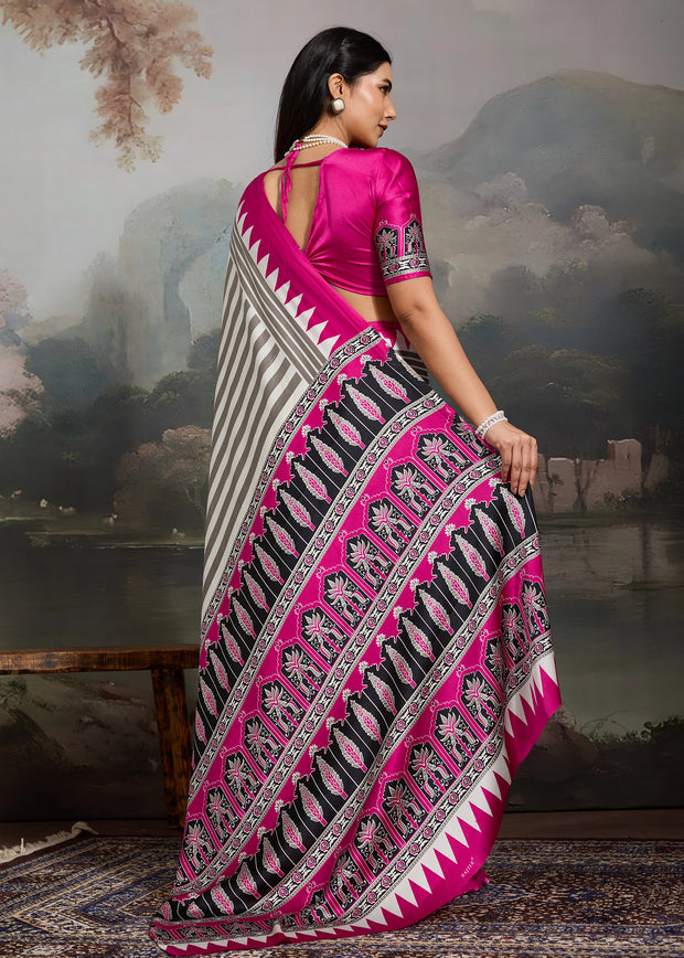 Hot Pink And White Printed Satin Silk Saree