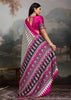 Hot Pink And White Printed Satin Silk Saree