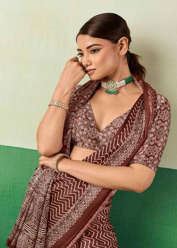 Coffee Brown Printed Satin Silk Saree
