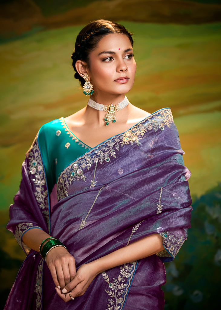 Iris Purple Heavy Embroidered Designer Silk Saree With contrast Blouse